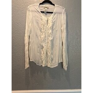Stamp10 Ruffle Lace Blouse Womens Size 8 Long Sleeve Button‎ Up Cream Top